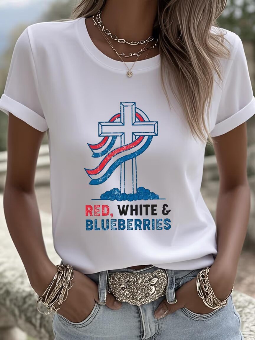 Women's Red, White and Blueberry Faith Crew Neck T-Shirt