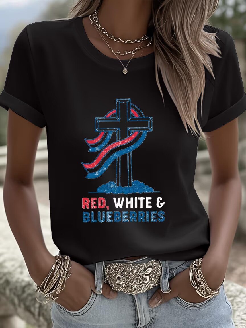 Women's Red, White and Blueberry Faith Crew Neck T-Shirt