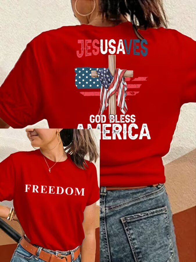 Women's Freedom JESUS SAVES GOD BLESS AMERICA Print Crew Neck T-Shirt