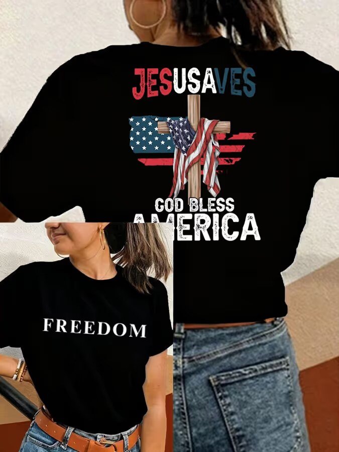 Women's Freedom JESUS SAVES GOD BLESS AMERICA Print Crew Neck T-Shirt Limited