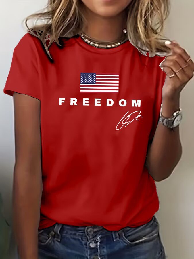 Crew Neck T-Shirt for Women with Freedom Print