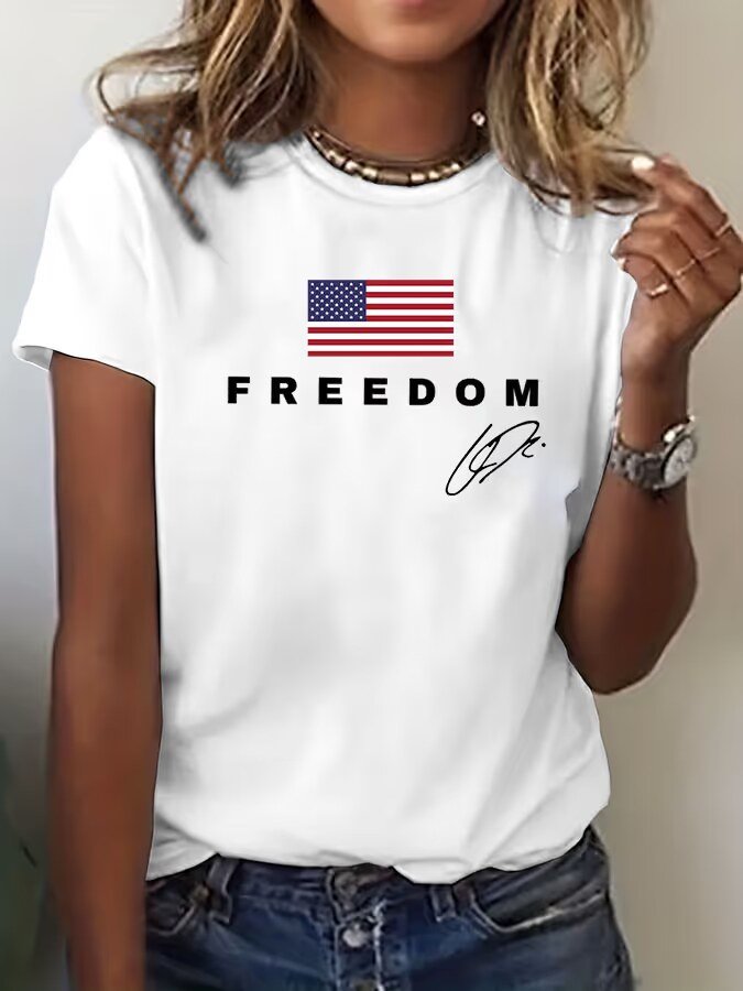 Crew Neck T-Shirt for Women with Freedom Print