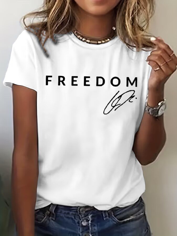 Crew Neck T-Shirt for Women with Freedom Print Design