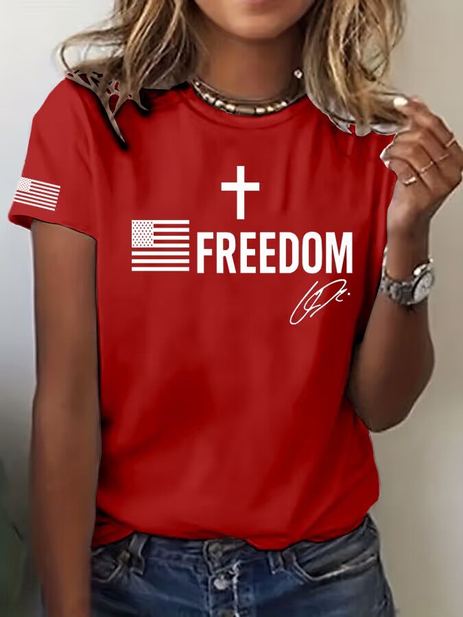 Freedom Print Crew Neck T-Shirt for Women