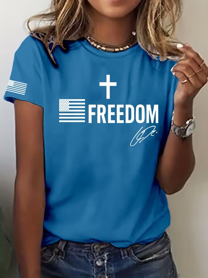 Freedom Print Crew Neck T-Shirt for Women