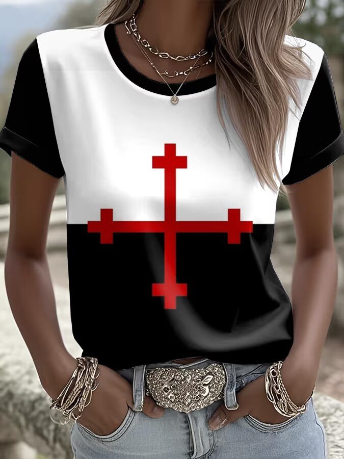 Women's Casual Faith Contrast Cross Graphic Print Crew Neck T-shirt