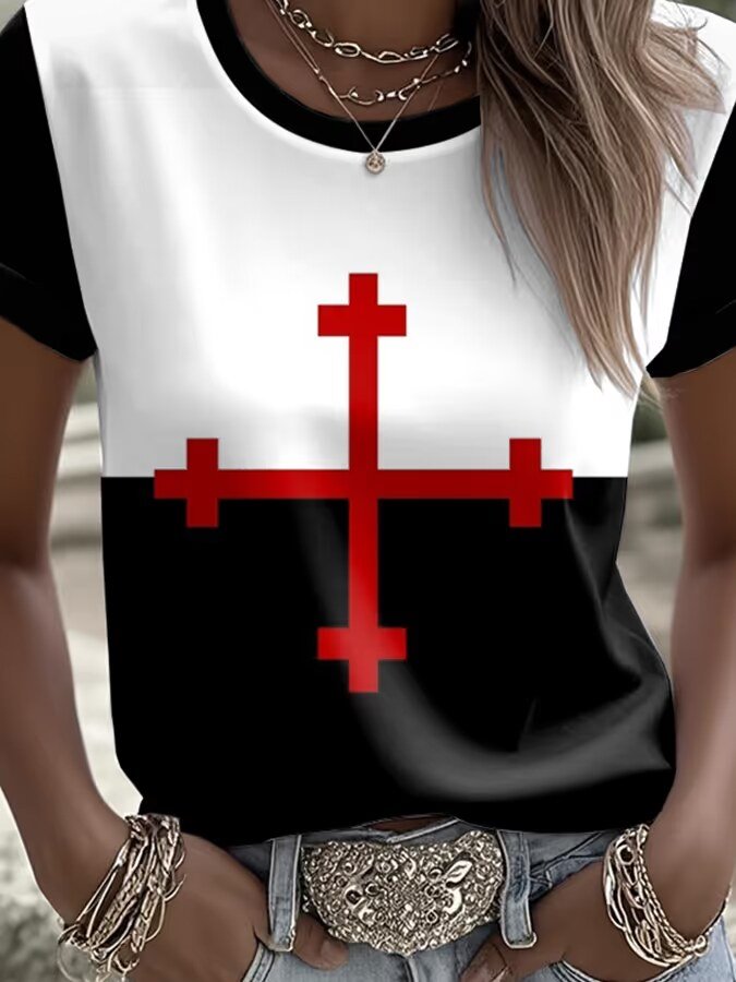 Women's Casual Faith Contrast Cross Graphic Print Crew Neck T-shirt Limited