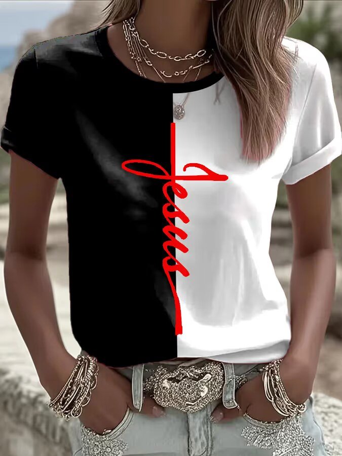 Women's Jesus Contrast Print Crew Neck T-Shirt