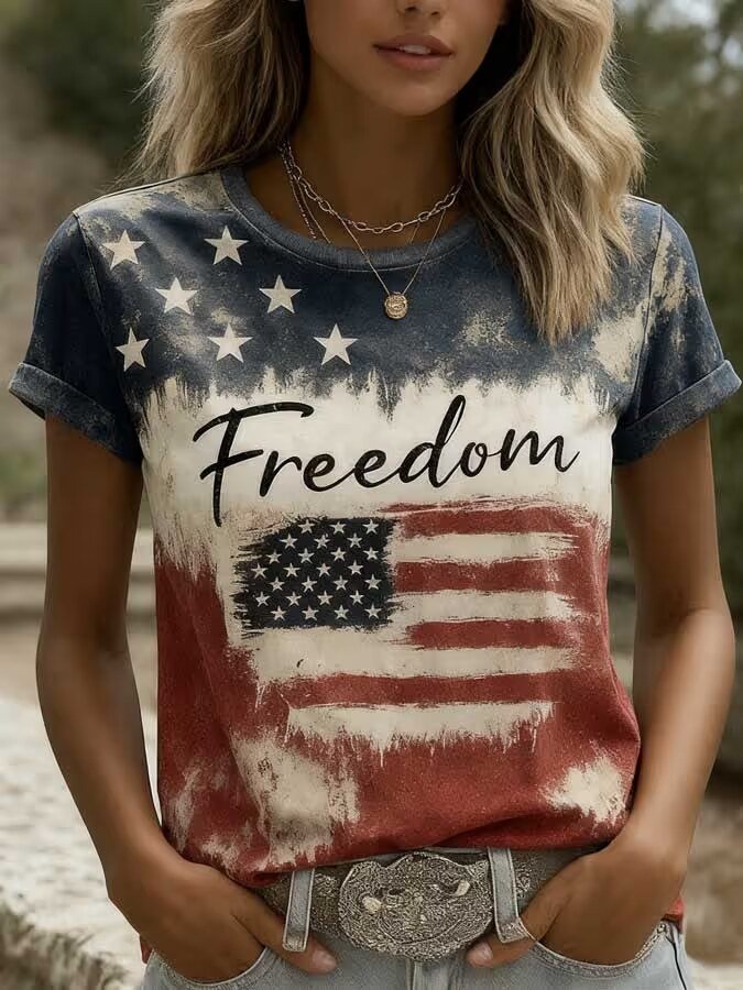 Crew Neck T-Shirt featuring Freedom Print for Women