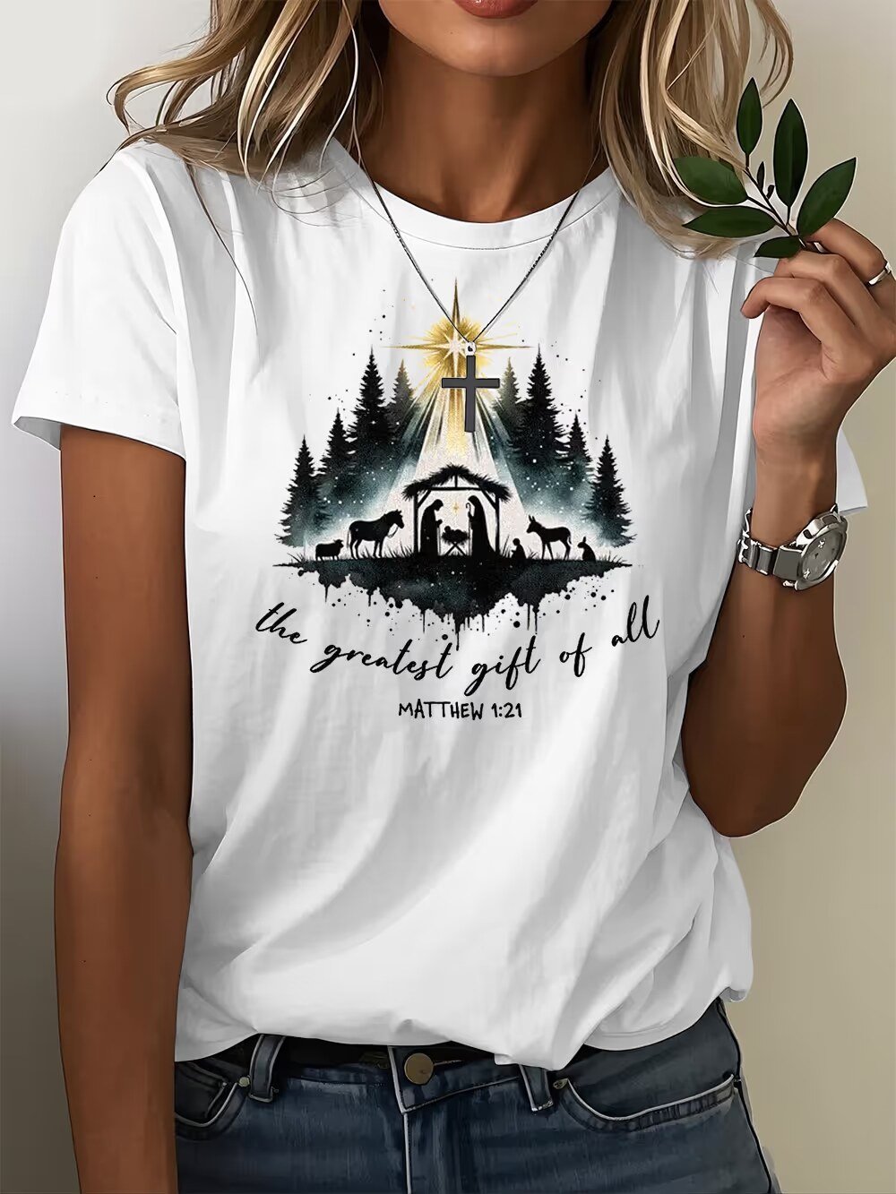 Crew Neck T-Shirt with Christmas Print for Women - Faith Design