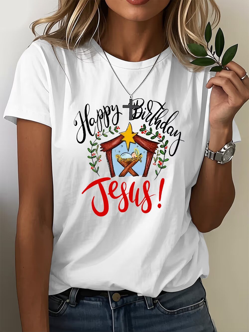 Christmas Print Crew Neck T-Shirt for Women - Faith Design
