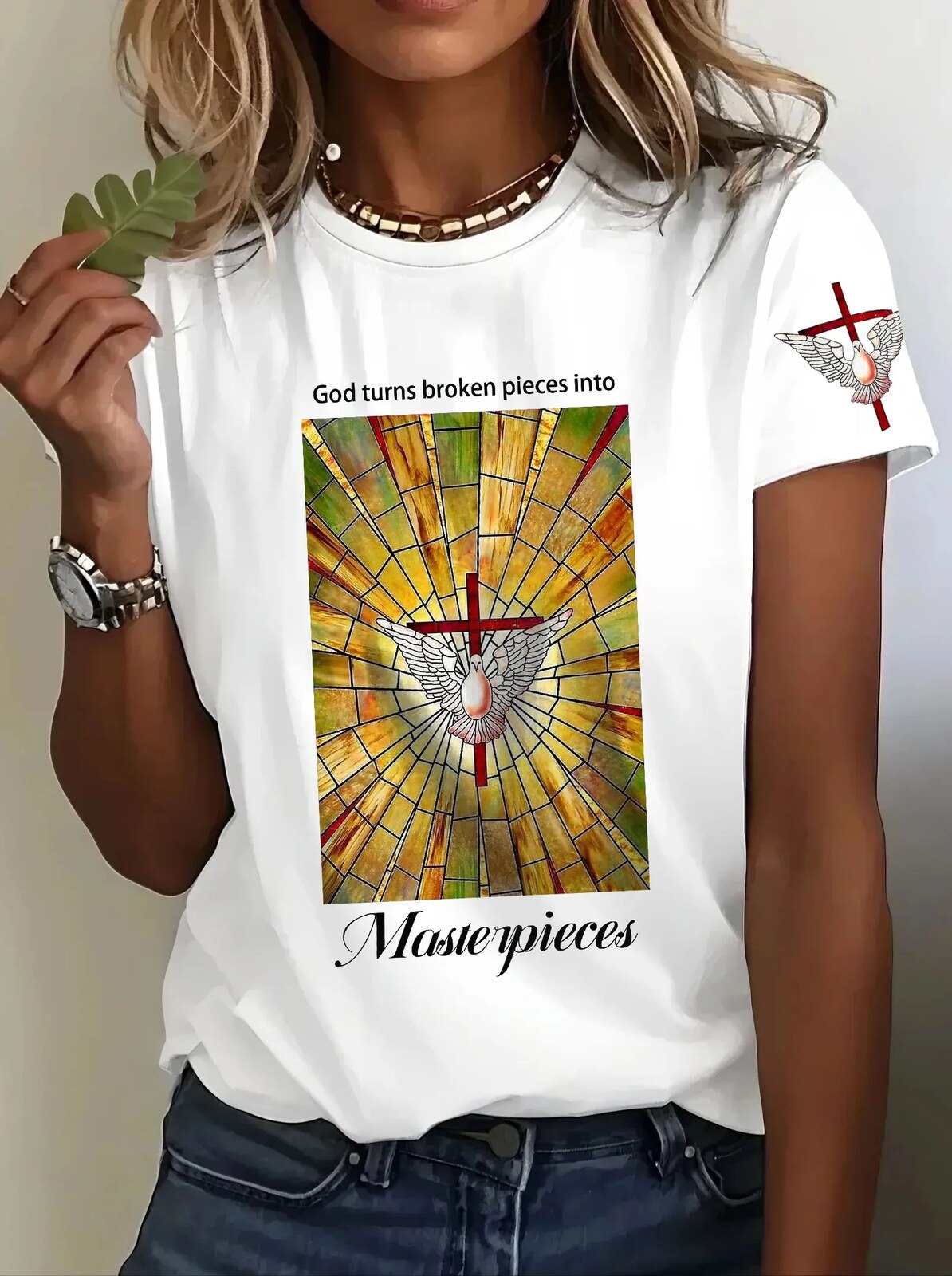 Women's God Turns Broken Pieces into Masterpieces Printed Crew Neck Short Sleeve T-shirt