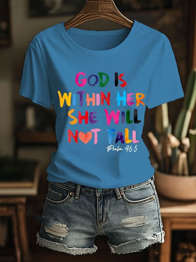 Women's Faith GOD IS WITHIN HER SHE WILLNOT FALL Psalm 46:5 Print Crew Neck T-Shirt