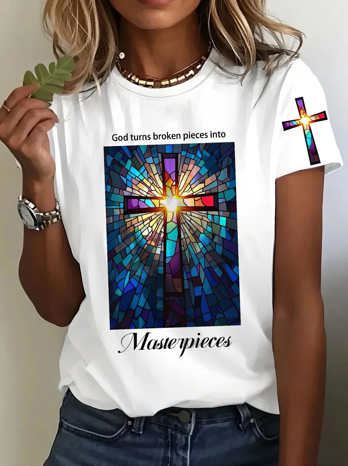 Short Sleeve Crew Neck T-shirt for Women - God Transforms Broken Pieces into Masterpieces