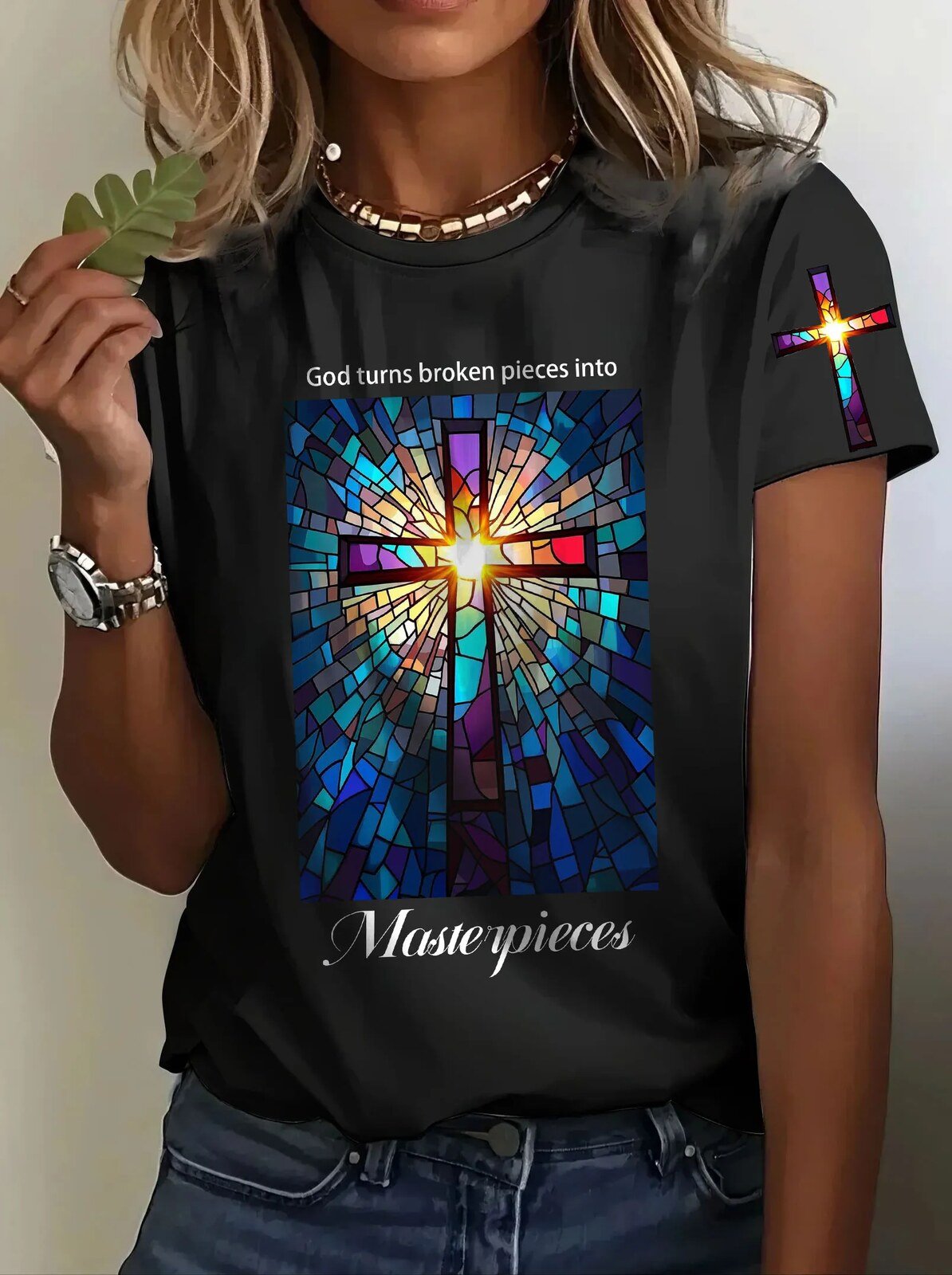 Short Sleeve Crew Neck T-shirt for Women - God Transforms Broken Pieces into Masterpieces